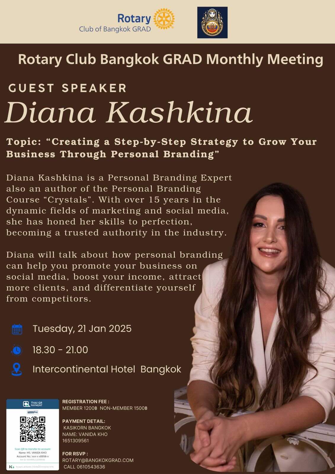 Diana Kashkina speaking at Rotary Club Bangkok GRAD on personal branding strategies, January 21, 2025.