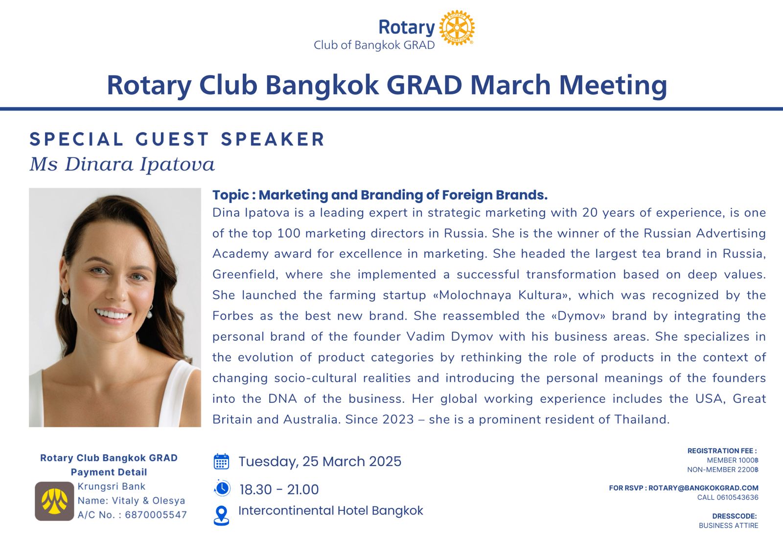 Dinara Ipatova — Guest Speaker at Rotary Club Bangkok GRAD March 2025 Meeting on Foreign Brand Strategy